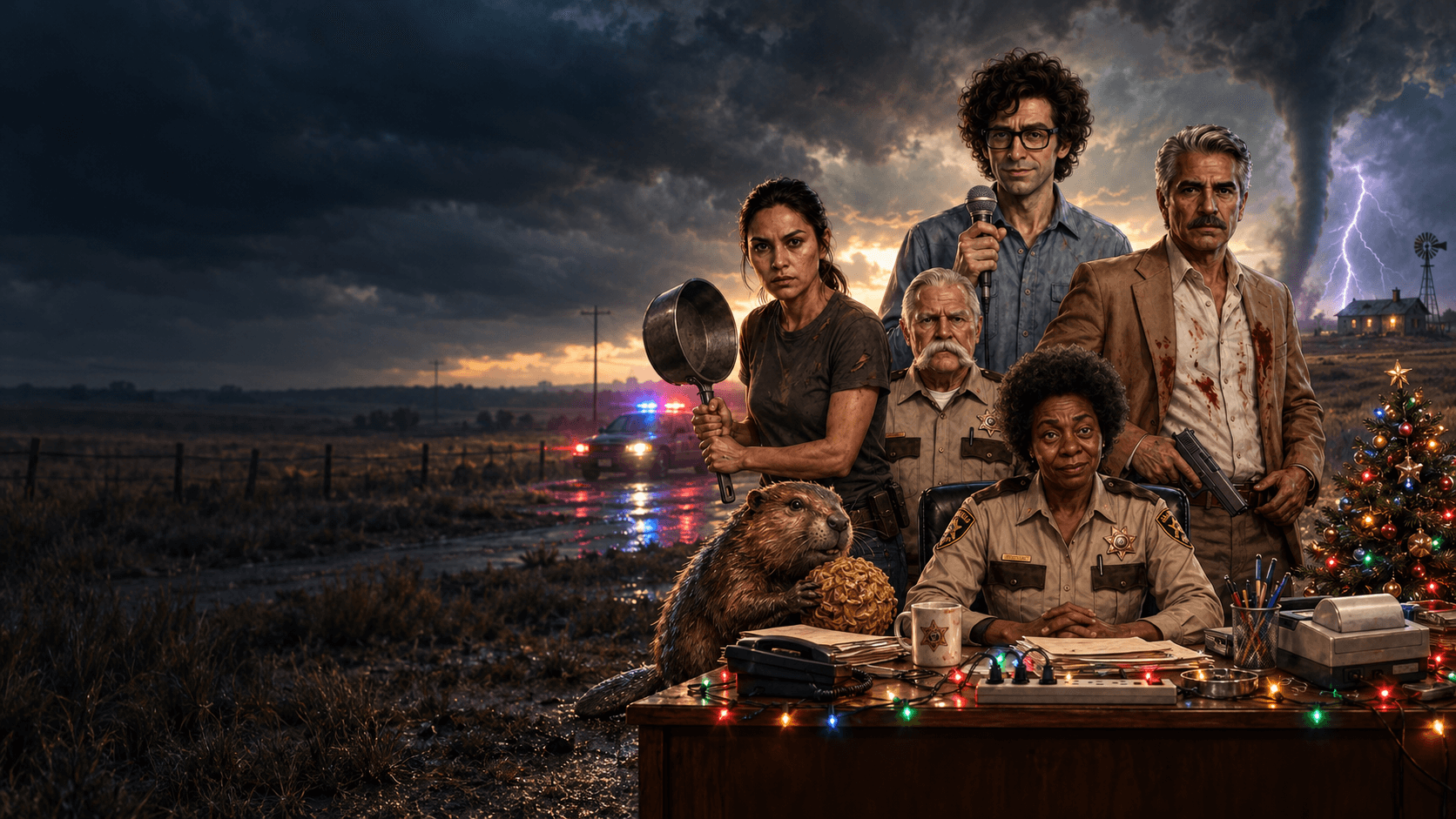 The cast in a storm-lit field outside Beaver: a woman with a saucepan, the sheriff at a desk strung with Christmas lights, a beaver with a cow chip, a tornado behind them